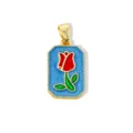 Vista dettagliata di un ciondolo tulipano in smalto di rame dorato per accessorio collana - Ciondolo Solo Tulipano Rosso Sfondo Blu (Senza Catena) / 1 Pezzo/Confezione