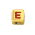 Close-up detail of a gold square alphabet charm bead with red enameled letter E for DIY jewelry. - Four-Color Letter - E