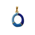 Gold plated brass alphabet letter O pendant with colorful blue enamel detail close-up view - Letter O