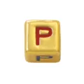 Detail shot of a gold square alphabet bead with red enamel letter P for DIY jewelry. - Four-Color Letter - P