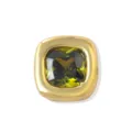 Detailed close up of square green zircon charm, thick brass gold tone DIY jewelry bead. - August (Dark Green Zirconia)