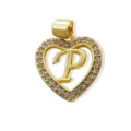 Gold-plated brass heart letter P pendant necklace charm decorated with sparkling CZ stones. - Letter P (Pendant) / Gold