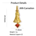 Gold plated copper flower pendant with red CZ stone January carnation jewelry accessory. - Carnation Pendant / 1.1g (24.5x11.4mm) / January-Carnation