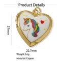 Vergoldeter Messing Herz Medaillon Anhänger mit buntem Einhorn Emaille Motiv, ideal Schmuck. - Regenbogen Einhorn Stil (Stil 10)