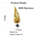 Gold-plated brass Narcissus flower pendant with blue cubic zirconia, DIY jewelry part. - Oval Floral Relief Gold Pendant / 2.5g (28x11.2mm) / March - Daffodil