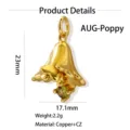 Gold plated brass flower pendant with green cubic zirconia charm jewelry accessory 23x17mm - August - Poppy