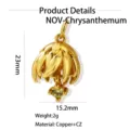 Gold chrysanthemum pendant charm with yellow cubic zirconia, copper jewelry accessory 23x15mm - November-Chrysanthemum