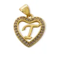 Gold plated brass initial T heart pendant with sparkly stones for DIY necklace or bracelet. - Letter T (Pendant) / Gold