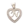 Heart shaped letter N pendant, paved cubic zirconia, 18K gold plated brass DIY jewelry charm. - Letter N (Pendant) / Silver