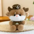 Cute brown plush toy doll with polka dot beret and bow tie, perfect desk companion and pendant. - Deer