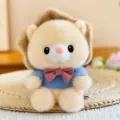 Cute plush bear toy with blue sweater and bow, soft stuffed animal desk companion doll. - Lion
