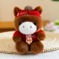 Cute brown plush toy doll with red headband and plaid tie, soft stuffed animal desktop companion. - Brown Horse