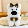 Cute white plush bear toy with brown polka dot bow and bow tie for desktop decoration. - Westie