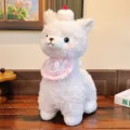 Cute fluffy sheep alpaca plush toy with dessert hat and pink bib, soft stuffed animal gift. - White with Bib / 26cm