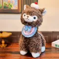 Cute brown plush sheep doll with cherry hat and blue bow scarf, soft stuffed animal gift. - Brown Bib Style / 26cm
