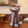 Cute plush alpaca toy with red cherry bonnet and lace ribbons, soft stuffed sheep doll for kids. - Brown Bandana Style / 26cm