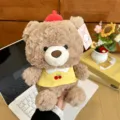 Cute brown plush bear doll wearing red beret and yellow dress, soft stuffed toy for gift decor. - Warm Brown Bear - Dressed Style