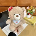Cute brown plush teddy bear toy with red bow and cherry bib soft stuffed animal gift for kids - Warm Brown Bear - Bib Style