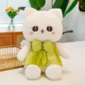 Cute white cat plush toy dressed in a green dress with bow, soft stuffed animal doll for girls. - Green / 24cm