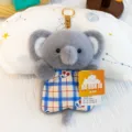 Cute grey elephant plush toy keychain with plaid overalls, soft stuffed animal doll pendant. - Beanbag Elephant