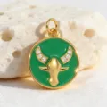 Detailed close-up of a gold-plated green enamel Taurus zodiac charm with sparkling zircons. - Style 2 (Pendant)