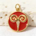 Gold plated round zodiac pendant red enamel zircon charm diy jewelry accessory detail shot - Style 5 (Pendants)