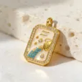 Close-up detail of gold-plated zodiac tarot pendant with sparkling zirconia and turquoise beads. - Faux Turquoise Color Pendant (Style 8) / Pendant Only (Without Chain)