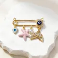Gold evil eye safety pin brooch with starfish pearl and fishtail pendants for stylish jewelry DIY. - Style 2 (Pendant)