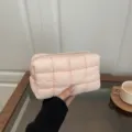 Pink quilted puffer cosmetic bag, soft casual clutch handbag for women daily travel storage. - Pink