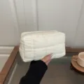 White quilted cosmetic pouch, stylish casual hand bag, minimalist daily storage organizer. - White