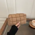 Puffer cosmetic bag stylish quilted makeup pouch portable travel clutch handbag for women - Brown