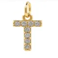 Detailed close-up of gold-plated copper letter T micro-pave cubic zirconia pendant charm. - Letter T
