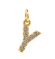 Close-up of a gleaming 18k gold plated copper micro-paved cubic zirconia letter Y pendant. - Letter Y