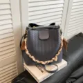 Grey woven bucket bag with chain scarf handle, stylish PU leather shoulder crossbody bag. - Blue