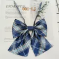 Close-up detail of blue and white plaid JK uniform bow tie, showing neat fabric texture. - 001-LJ