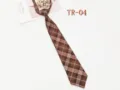 Brown plaid JK necktie, pre-tied school uniform tie, TR blended fashion neckwear detail view. - TR-04