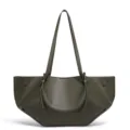 Detail view of dark green PU leather tote bag with unique folded wing design and shoulder straps. - 45CM*10CM*22.5CM / Green