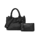 Bolso de mano de cuero tejido negro con cartera a juego para mujer elegante bolso cruzado casual. - Negro