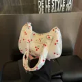 White corduroy shoulder bag with red cherry print, trendy casual underarm bag for women. - Cherry