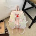 Pink white striped canvas backpack cute star applique casual sweet style student book bag - Without Pendant / Pink