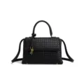 Bolso de mano de cuero tejido negro con textura detallada, elegante bolso retro para mujer. - Negro