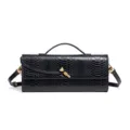Bolso de mano de noche con patrón de serpiente negro para mujer, elegante bandolera horizontal. - Negro