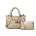 Gold woven leather handbag set with crossbody strap and matching clutch pouch for women stylish - Gold