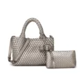 Stylish silver woven leather handbag set with adjustable strap and matching clutch bag. - Silver Gray