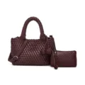 Bolso de mano de cuero tejido hecho a mano y estuche, elegante bolso cruzado para mujer. - Burdeos