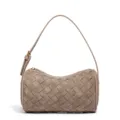 Detailed view of the stylish suede woven barrel shoulder bag featuring a chic pillow design. - Pine Green