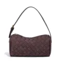 Brown suede woven cylinder shoulder bag, chic retro minimalist design for casual daily wear style. - Coffee