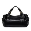 Black soft leather handbag for women, spacious retro commuting tote and stylish shoulder bag. - Black