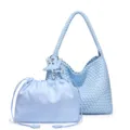 Light blue woven hobo shoulder bag featuring braided strap and matching drawstring pouch accessory. - 37x11.5x27cm / Light Blue