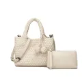 Chic white woven leather handbag set with shoulder strap and matching pouch for women style. - White